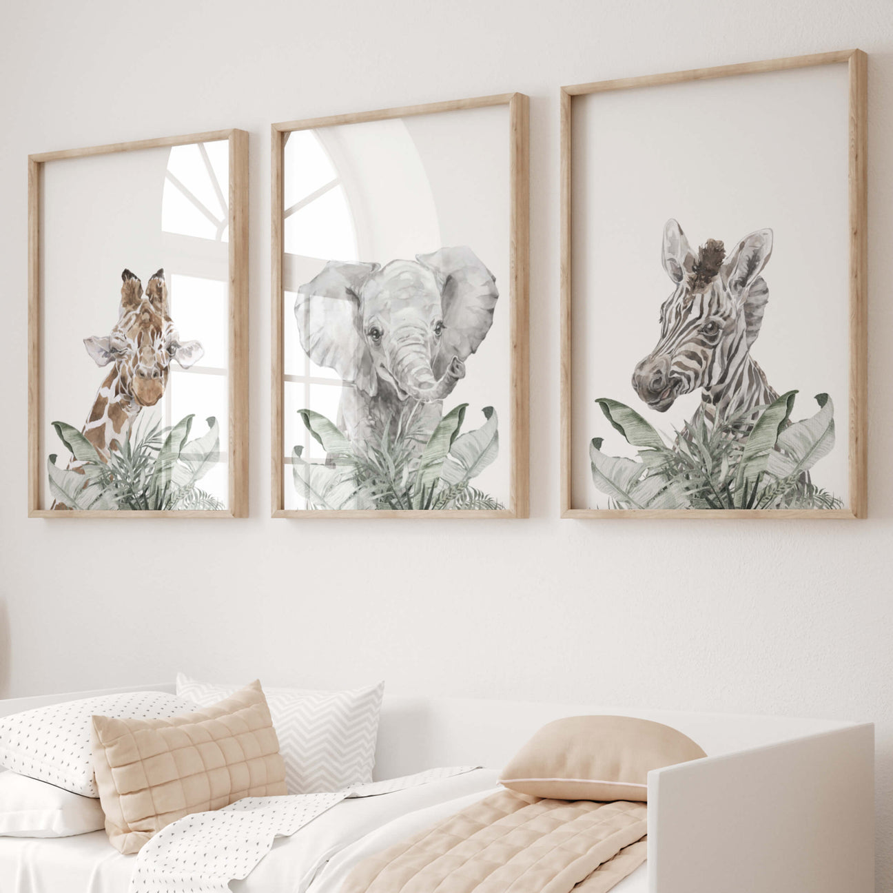 Safari animal prints with sage green, brown and gray color for neutral nursery decor and ideas.