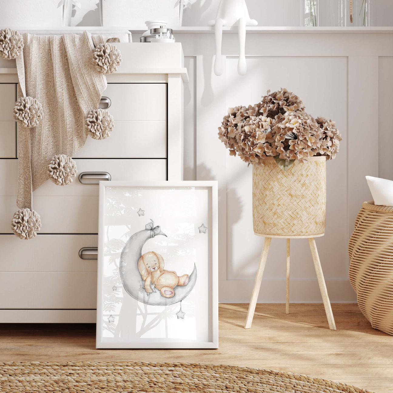 Watercolor bunny nursery print in beige, gray colors for gender neutral nursery decor