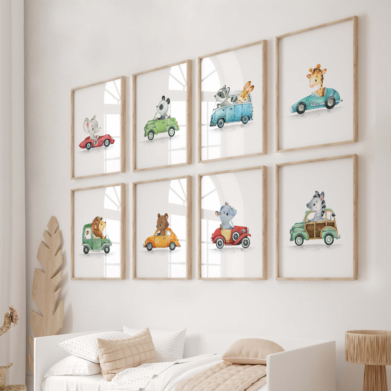 Watercolor cars with animals print for toddler and boys room decor.