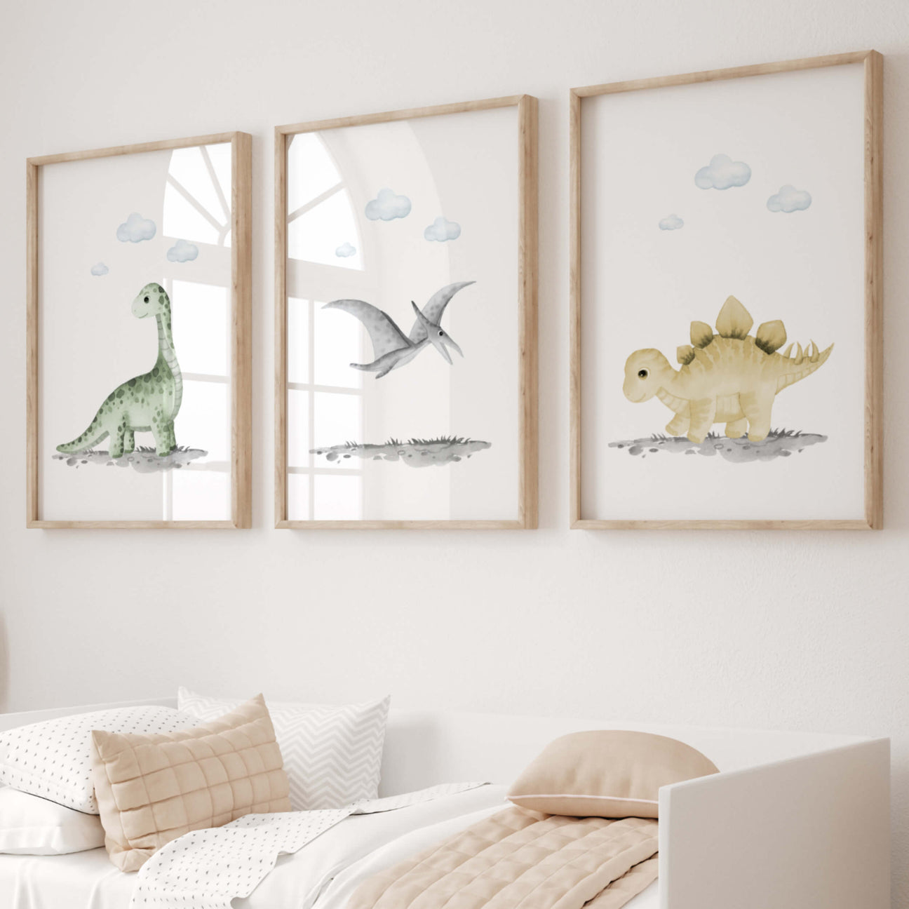 Watercolor dinosaur prints for boys room wall decor and neutral nursery decor.