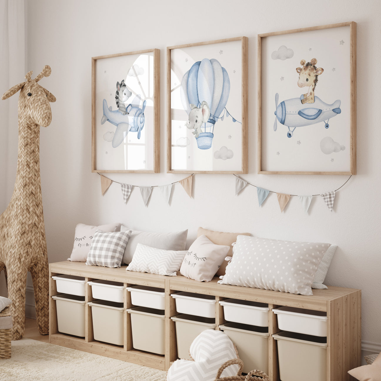 Set of 3 safari animals with hot air balloon, airplane print for toddler and boys room decor in light blue and gray colors.