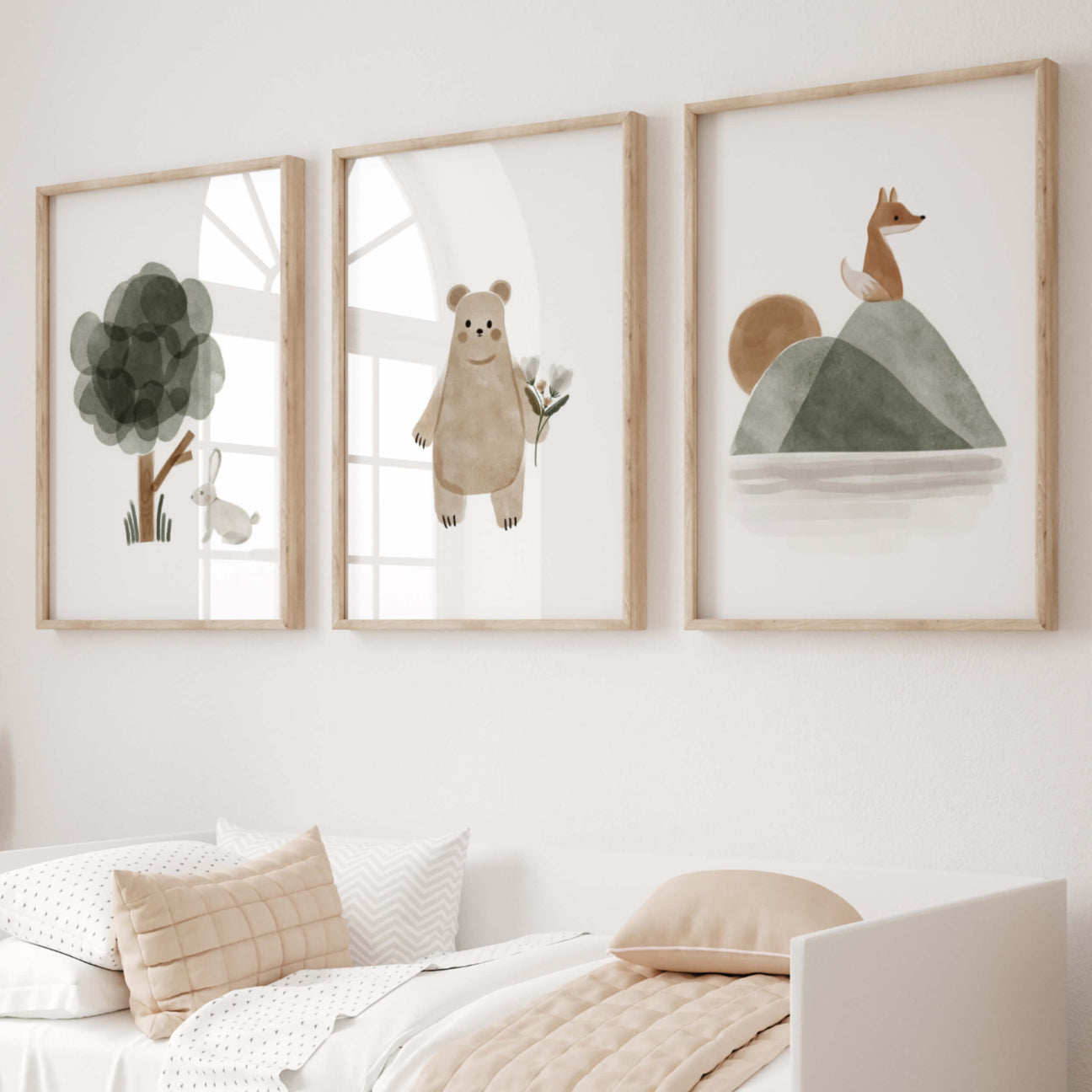 Woodland nursery prints for neutral nursery decor with green, gray, brown and beige colors.