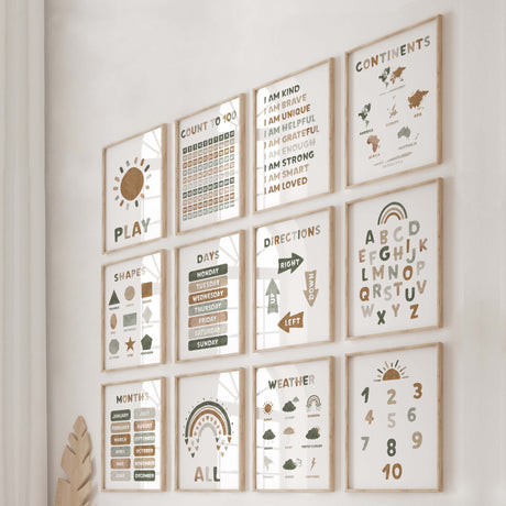 Educational print for neutral nursery and kids room decor with sage green, beige, brown, gray colors (earth tones)