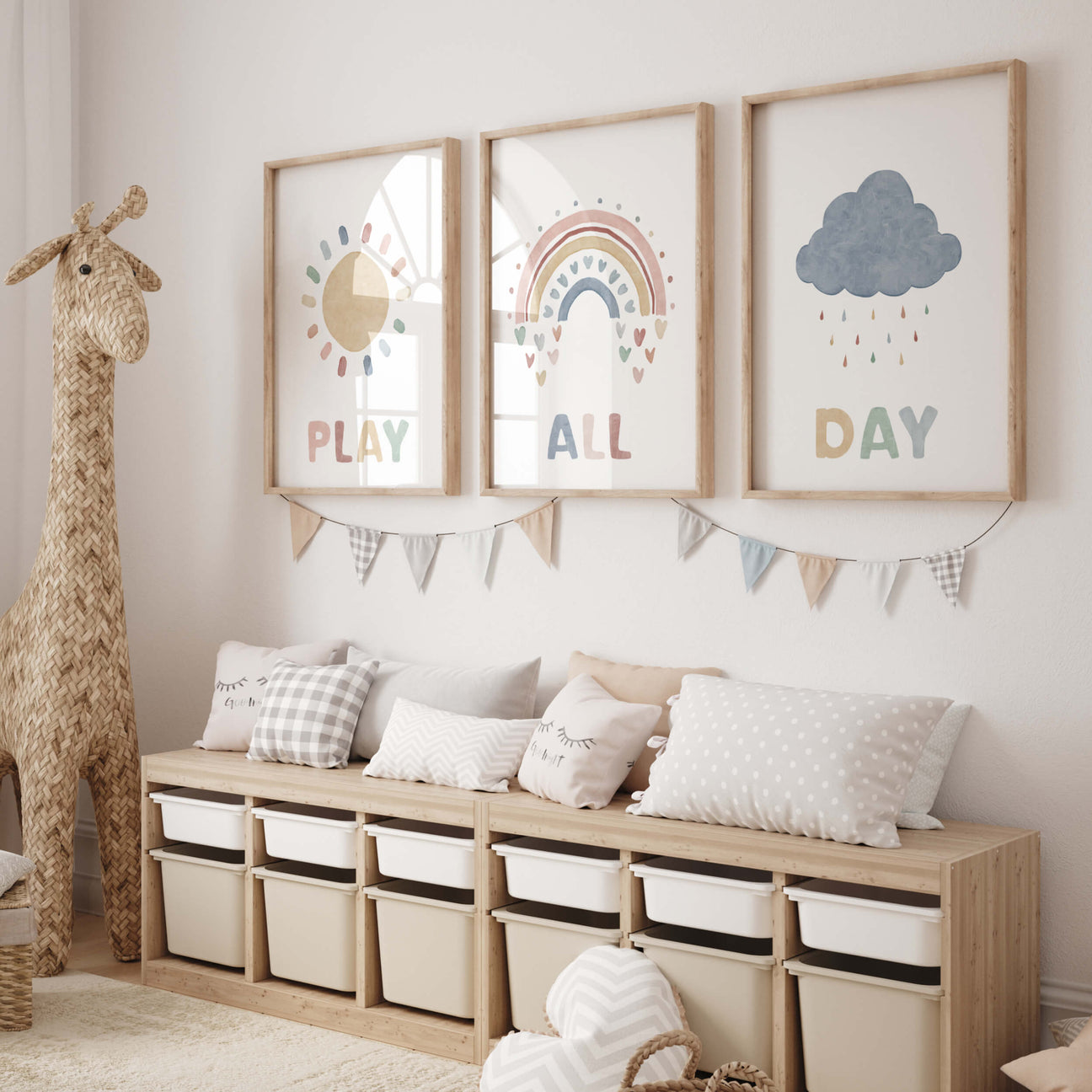 Play all day nursery print with sun, cloud and rainbow for neutral nursery decor.