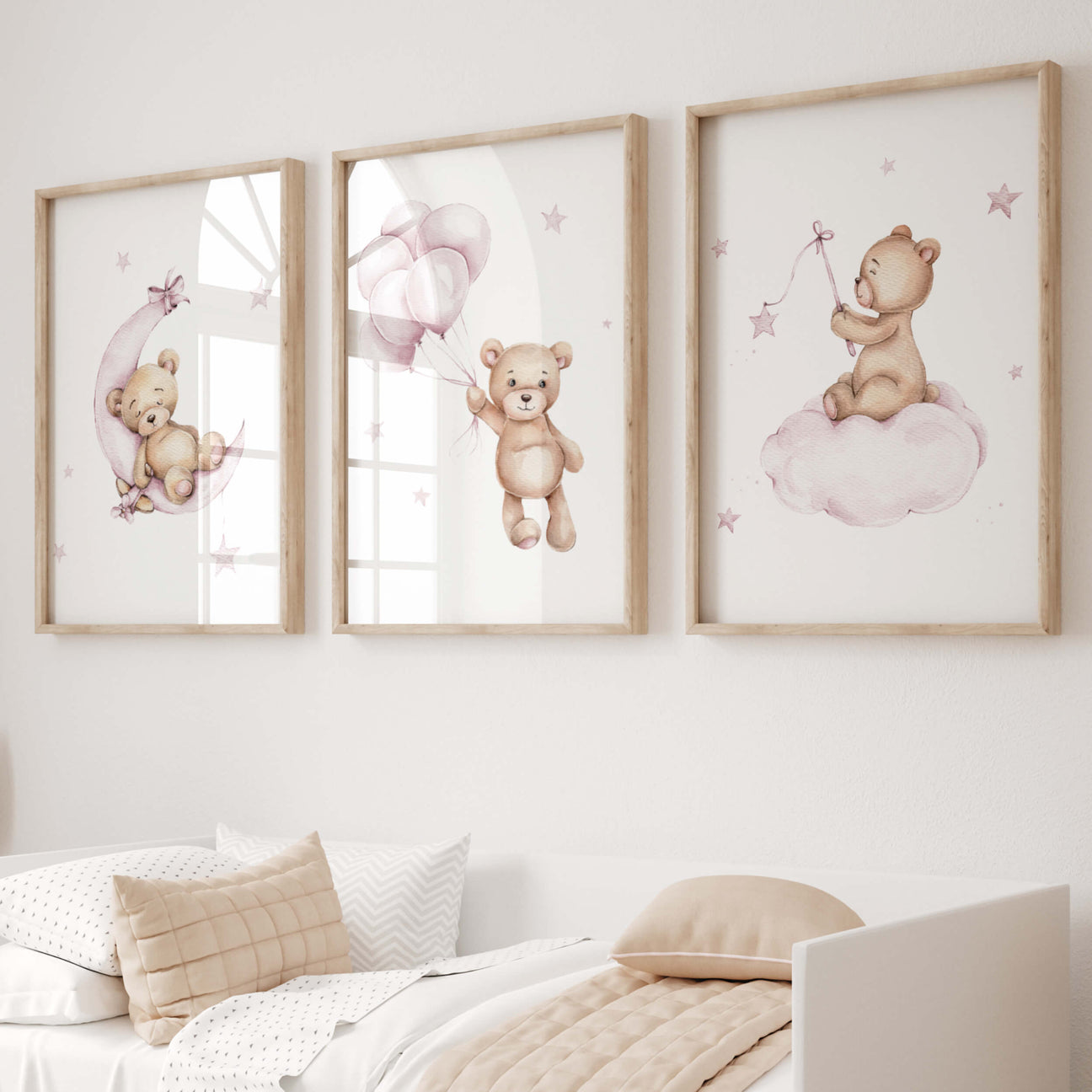 Set of 3 teddy bear with pink color for baby girls nursery  decor.