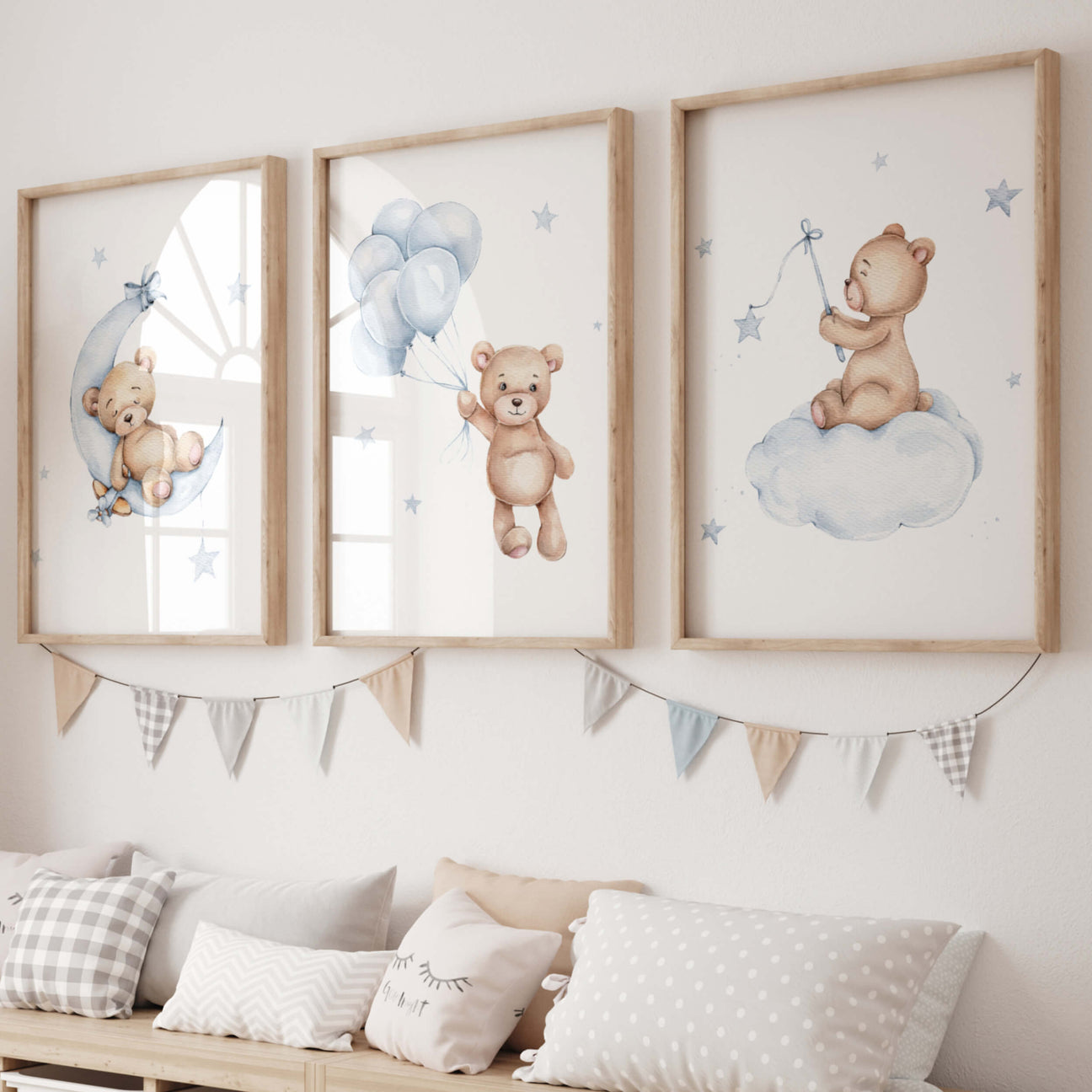 Set of 3 teddy bear with light blue color prints for boys and toddler room decor.