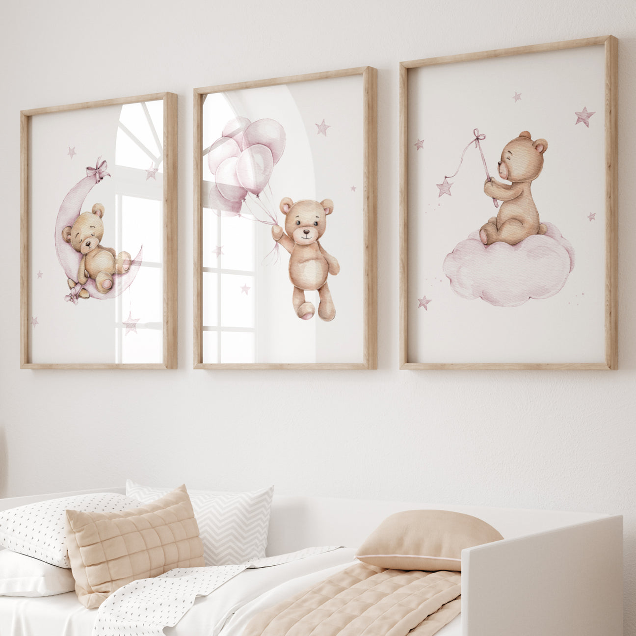 Set of 3 pink teddy bear prints for girls room decor.