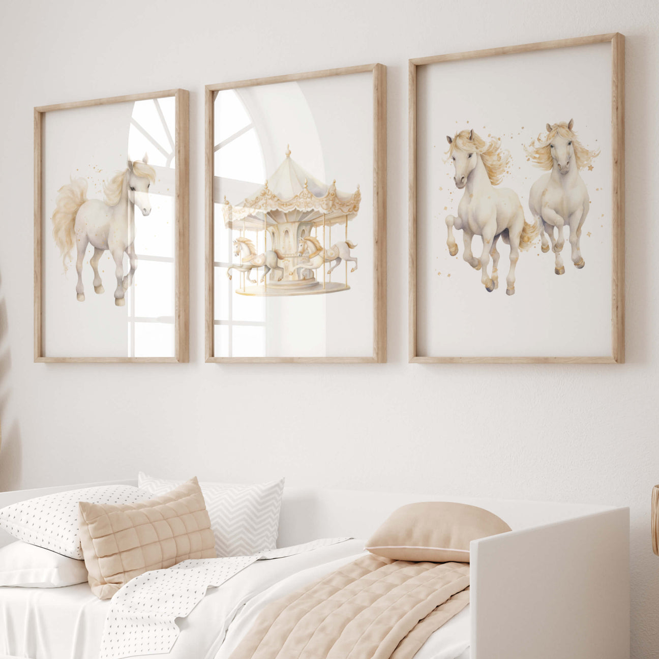 Horse and carousel print in beige and white colors for kids room decor, girls room decor, neutral nursery room and living room decor.