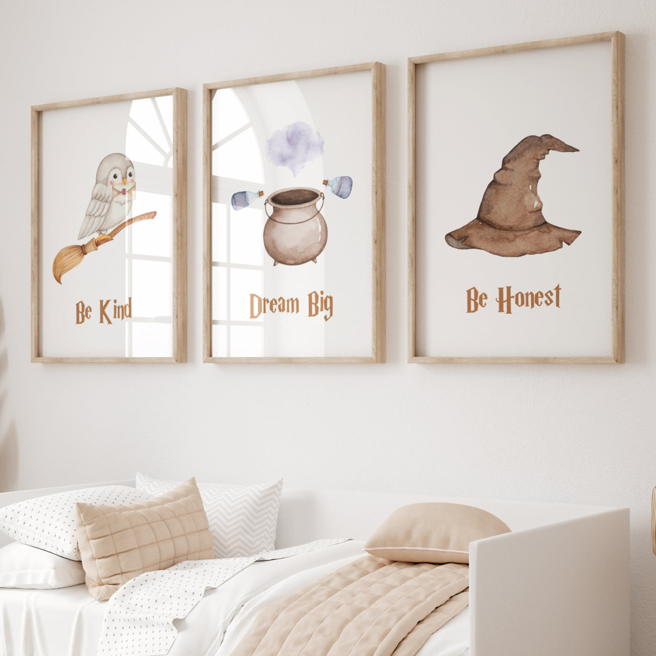 Watercolor nursery wizard print with inspirational quote for neutral nursery and kids room decor.