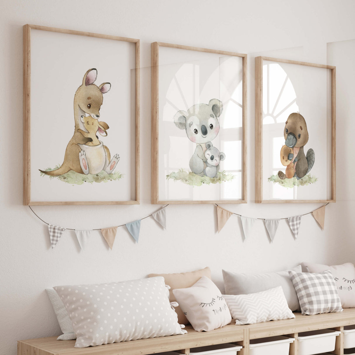 Set of 3 watercolor mom and baby australian animals print for gender neutral nursery decor and mother's day print.