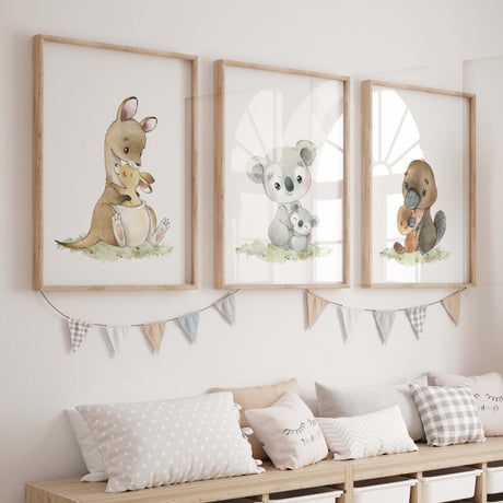 Set of 3 watercolor mom and baby australian animals print for gender neutral nursery decor and mother's day print.