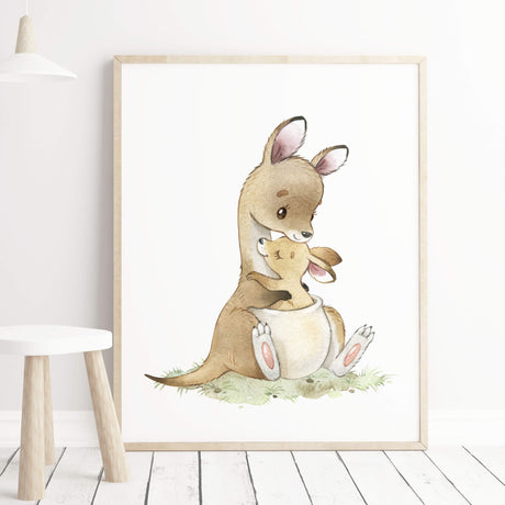 Watercolor mom and baby australian animals with kangaroo printable for gender neutral nursery decor and mother's day print.