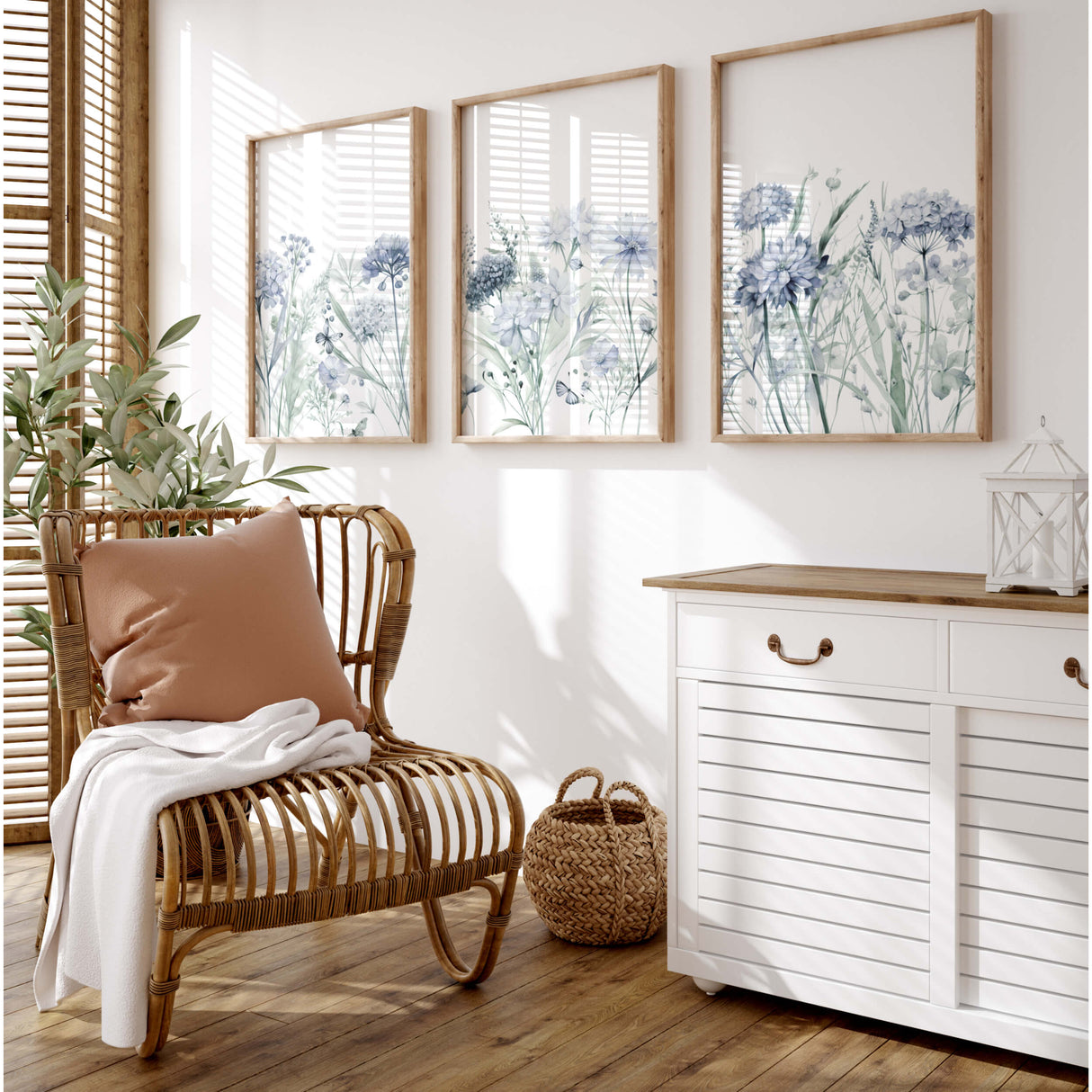 Set of 3 watercolor skyblue wildflower print for neutral home decor.