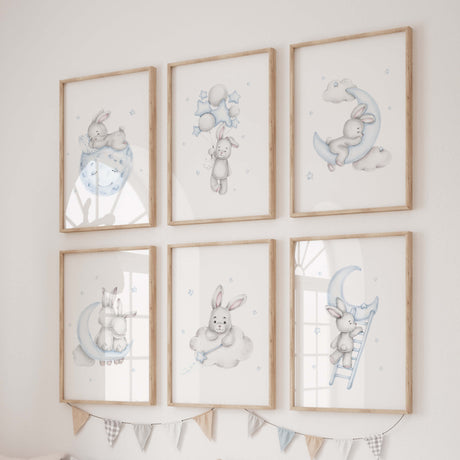 Watercolor bunny printable in gray and blue colors for baby boys room decor, toddler room decor.