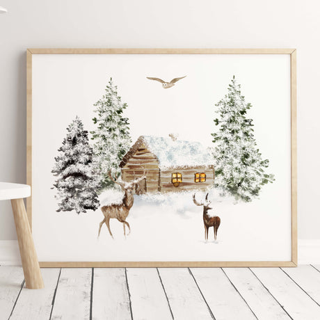 Watercolor winter landscape with deer, houses and snow poster for christmas wall decor.