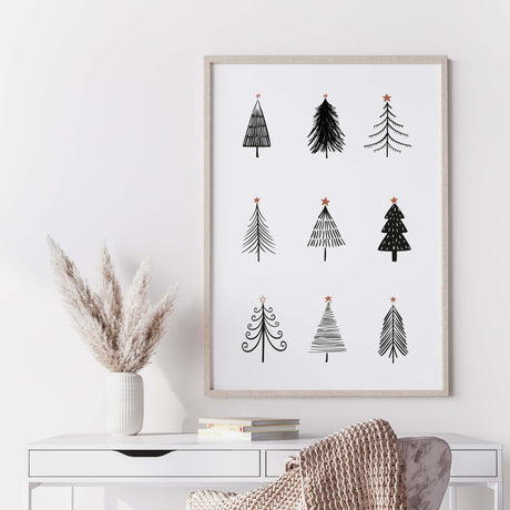 Black and white minimal pine tree print for minimalist christmas wall decor.