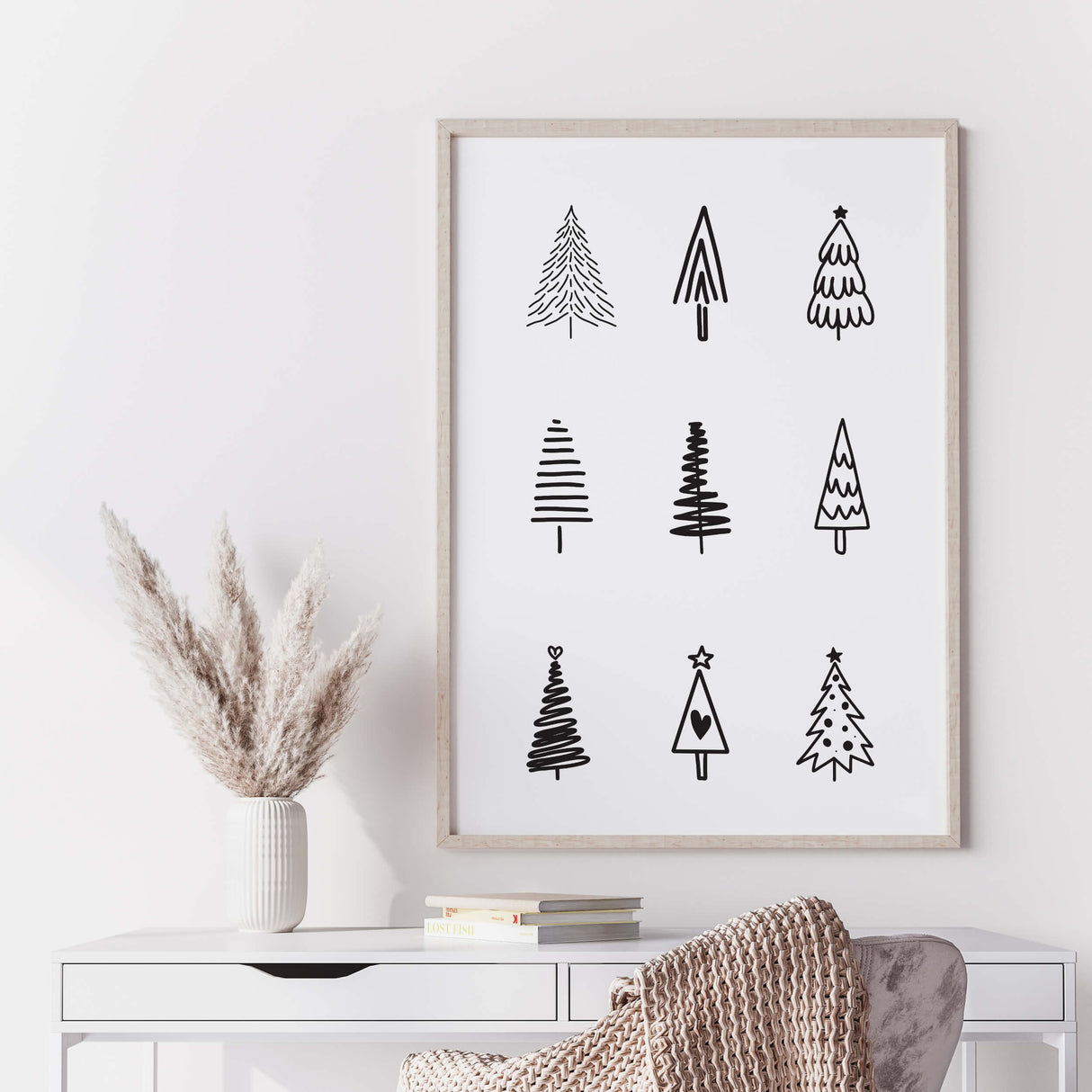 Black and white line pine trees printable for minimal christmas decor and winter decor.