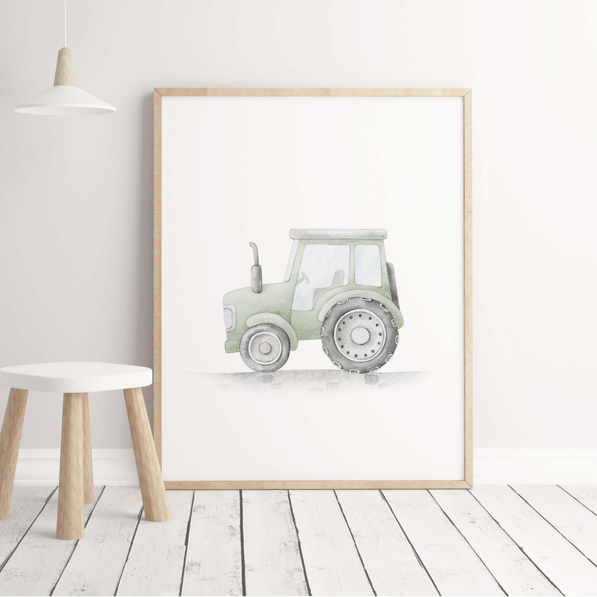 Watercolor sage green tractor poster for toddler and baby boys room decor.