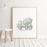 Watercolor sage green dump truck print for toddler and baby boys room decor.