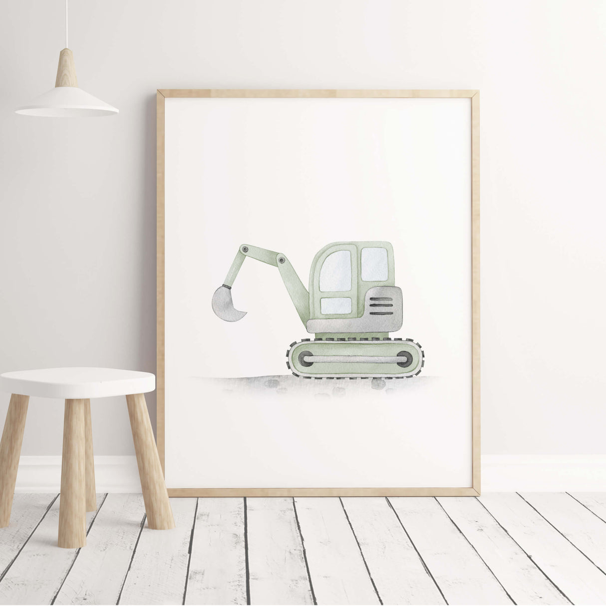 Watercolor sage green digger print for toddler and baby boys room decor.