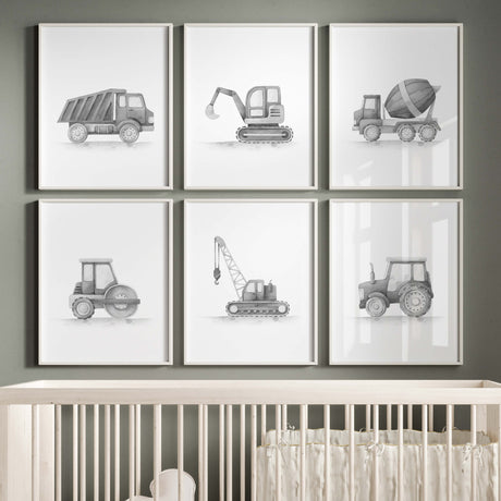 Watercolor black gray construction vehicle print for toddler room decor, baby boys room decor, sage green nursery decor.