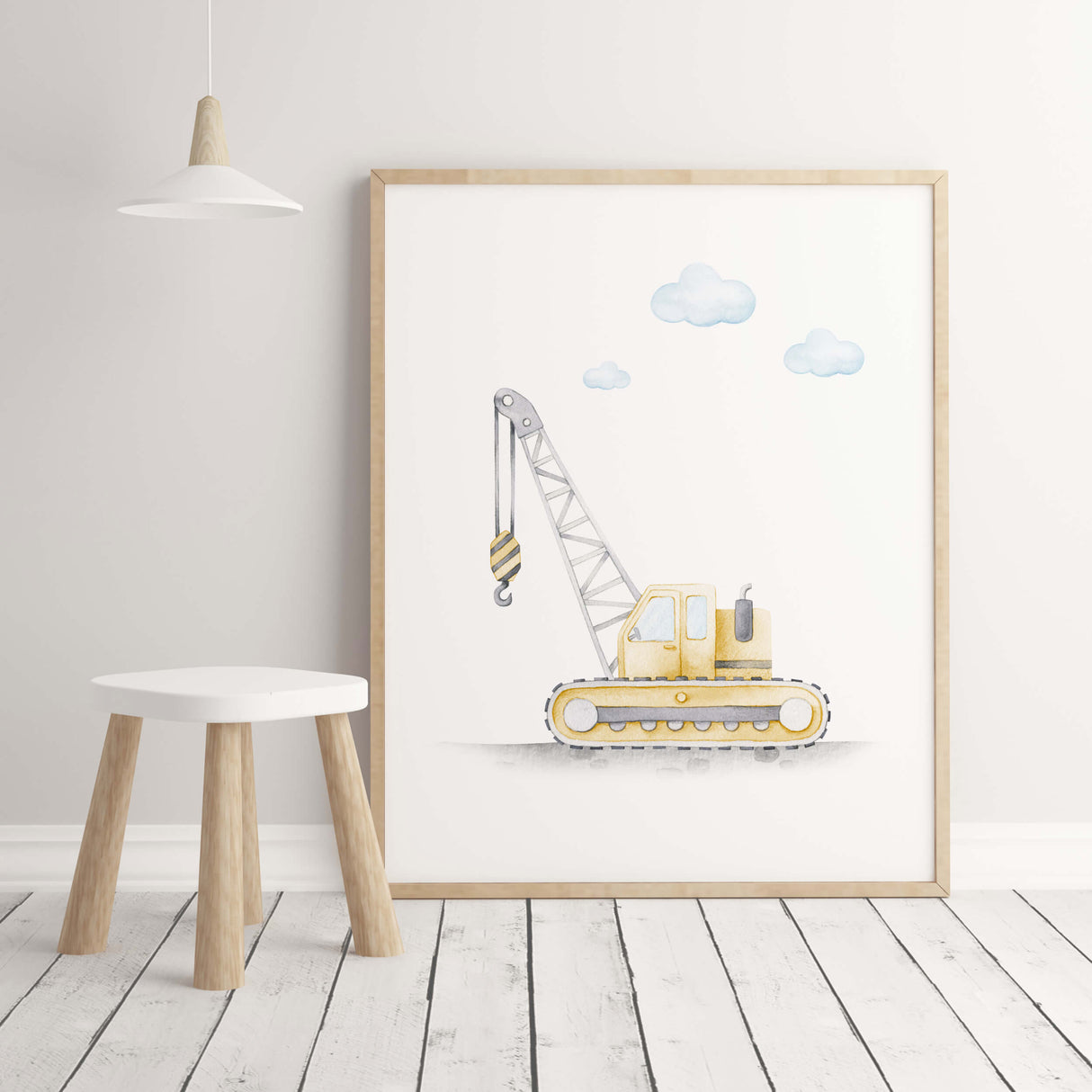 Watercolor construction vehicle print with yellow crane for toddler and baby boys room decor.