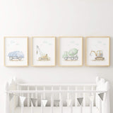 Set of 4 watercolor construction vehicle print with cement mixer, crane, dump truck, digger in blue, green, yellow and brown soft colors for toddler and baby boys room decor.