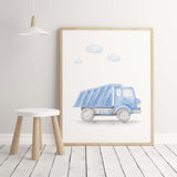 Watercolor construction vehicle print with dump truck for toddler and baby boys room decor.