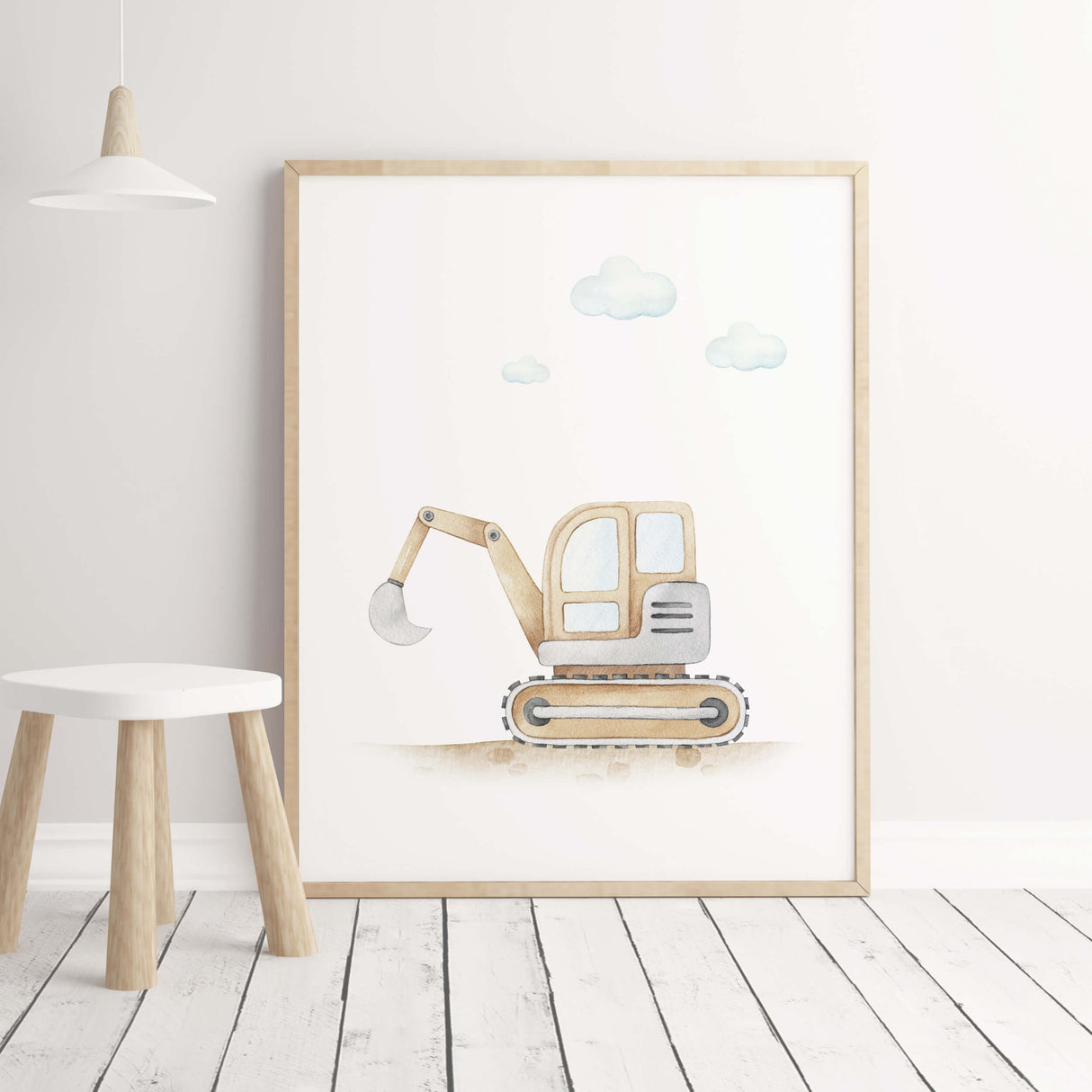 Construction vehicle print with brown digger   for toddler and boys room decor.