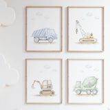 Set of 4 watercolor construction vehicle print with cement mixer, crane, dump truck, digger in blue, green, yellow and brown soft colors for toddler and baby boys room decor.