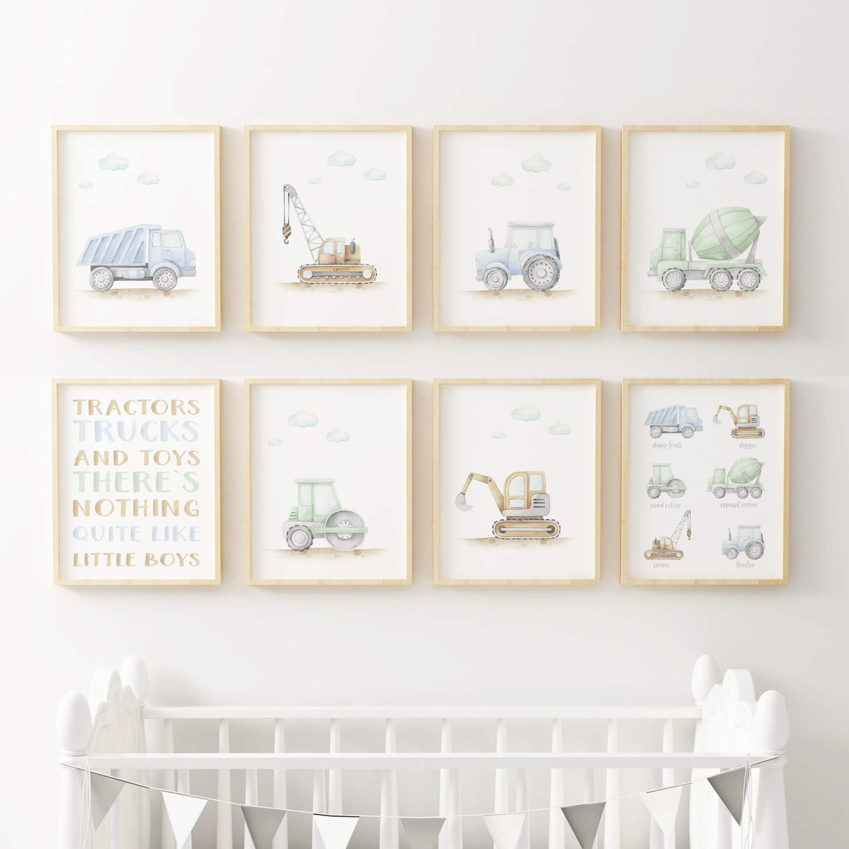 Set of 8 construction vehicle print with blue, green, brown colors for baby boys room decor.