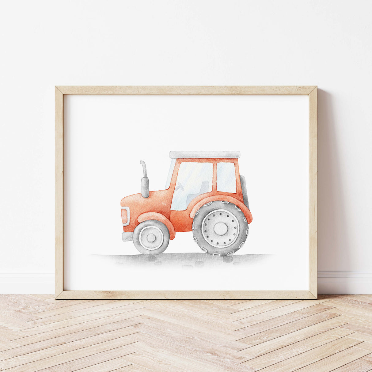 Watercolor colorful construction vehicle print with red tractor for toddler and baby boys room decor.