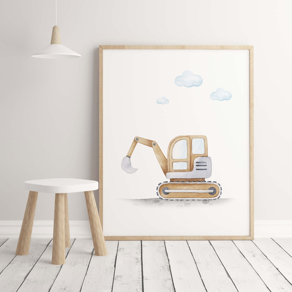 Watercolor construction vehicle print with brown digger for toddler and baby boys room decor.