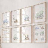 Set of 8 construction vehicle print with blue, green, brown colors for toddler room decor.