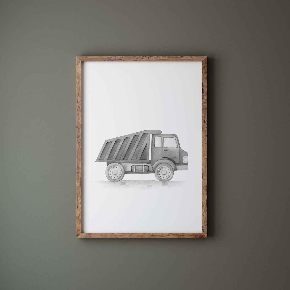 Watercolor black gray construction vehicle printable with dum truck for toddler room decor, baby boys room decor, sage green nursery decor.