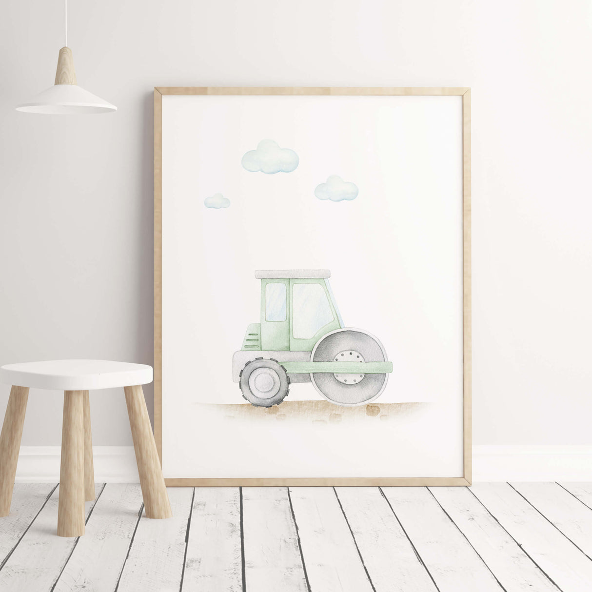 Construction vehicle print with green road roller  for toddler and boys room decor.