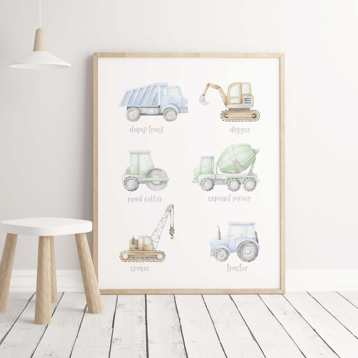 Education cnstruction vehicle print  for toddler and boys room decor.