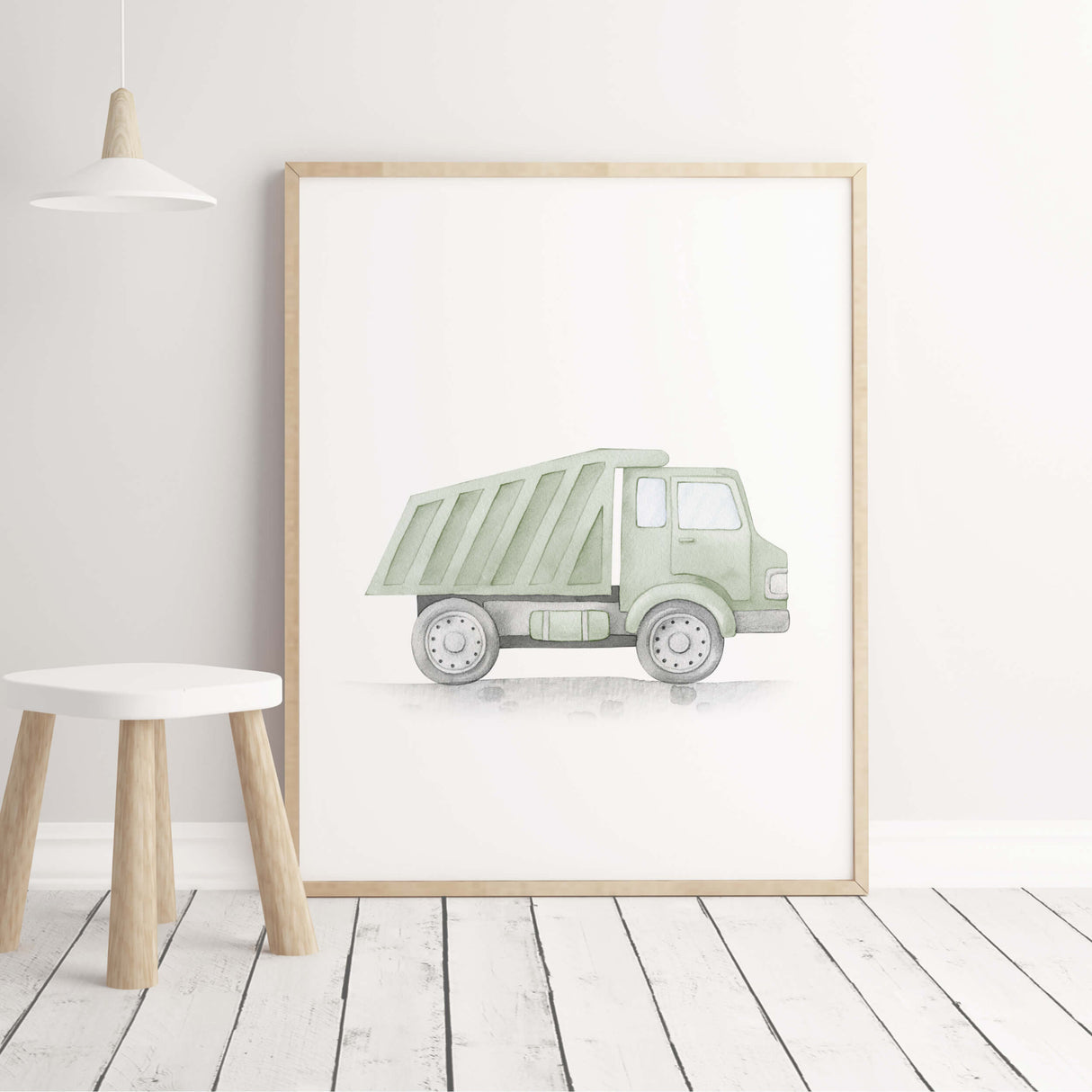 Watercolor sage green dump truck for toddler and boys room decor.