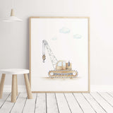 Brown construction vehicle print with crane  for toddler and boys room decor.