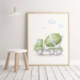 Watercolor construction vehicle print with green cement mixer for toddler and baby boys room decor.