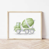 Watercolor colorful construction vehicle poster with green dump truck for toddler and baby boys room decor.