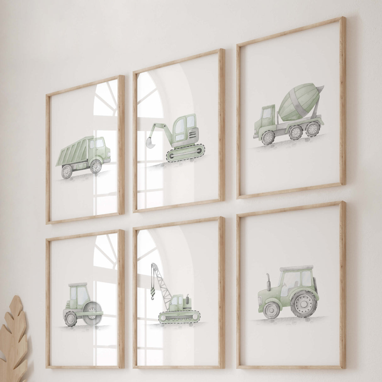 Watercolor sage green construction vehicle printable for toddler and baby boys room decor with neutral colors.