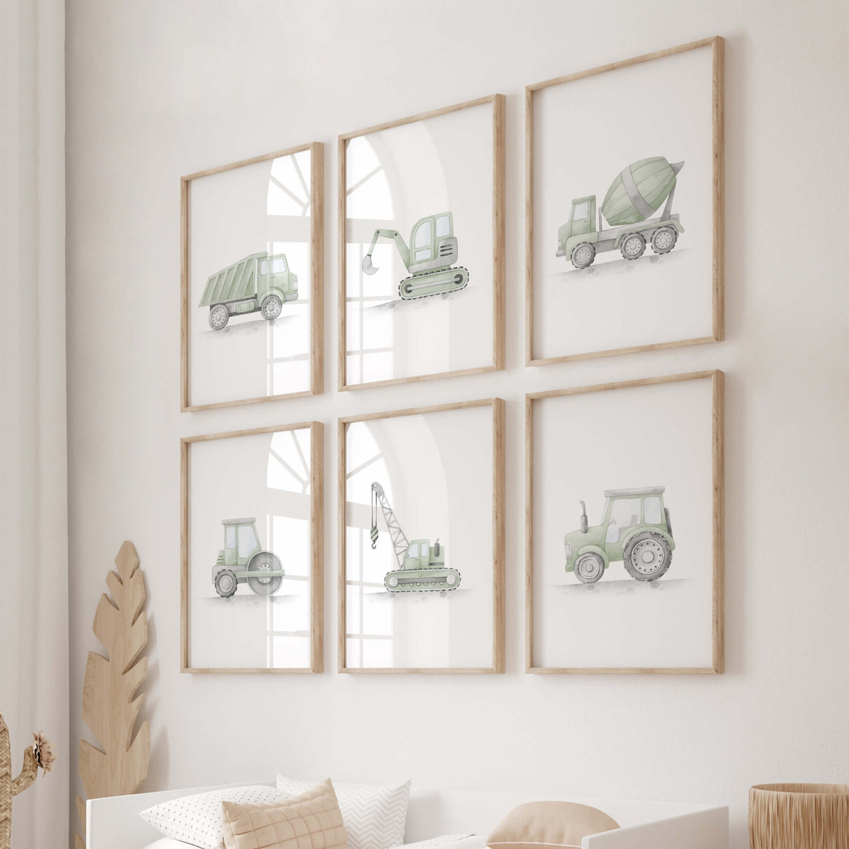 Watercolor construction vehicle print with sage green for toddler and baby boys room decor.