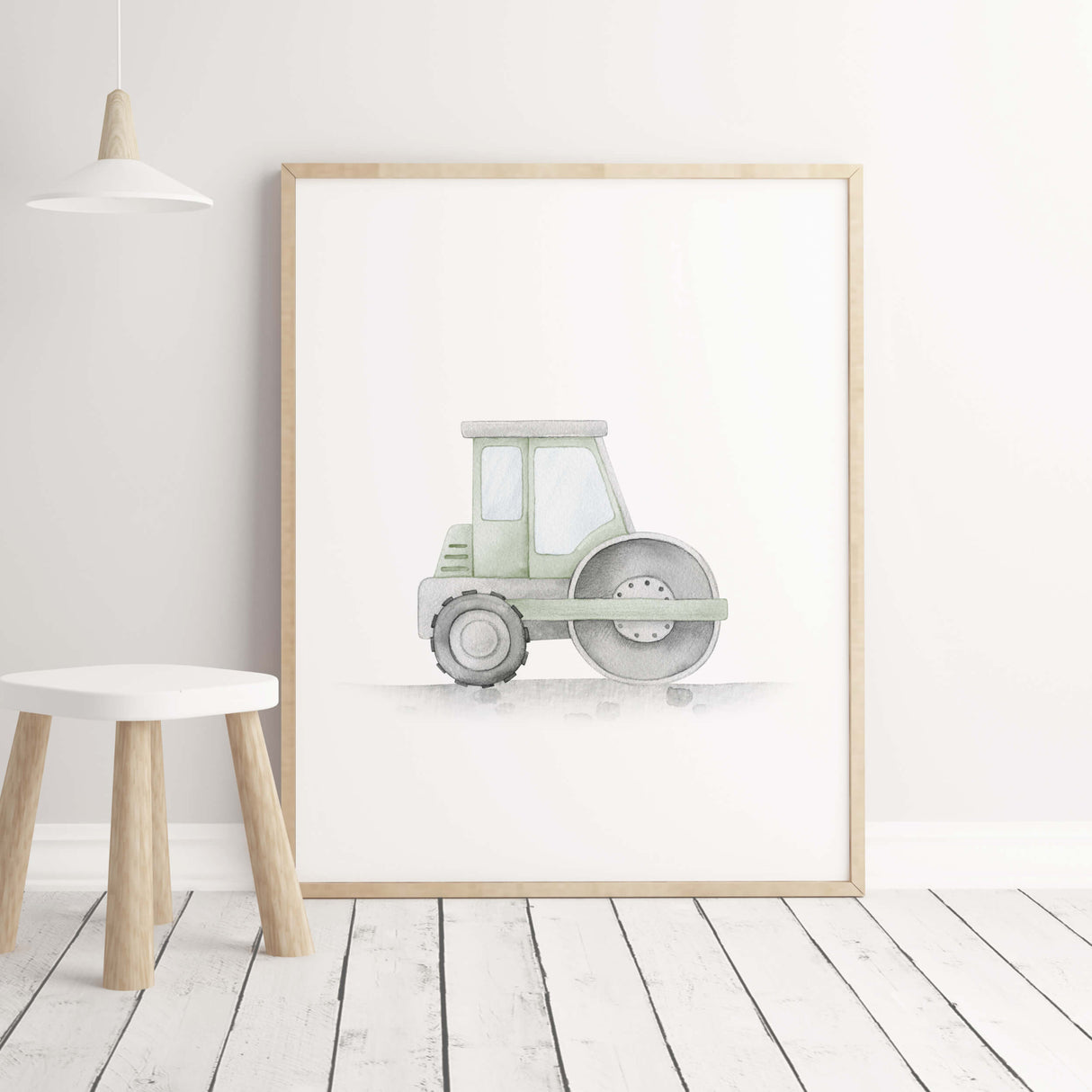 Watercolor sage green road roller for neutral nursery decor and toddler room decor and boys room decor.