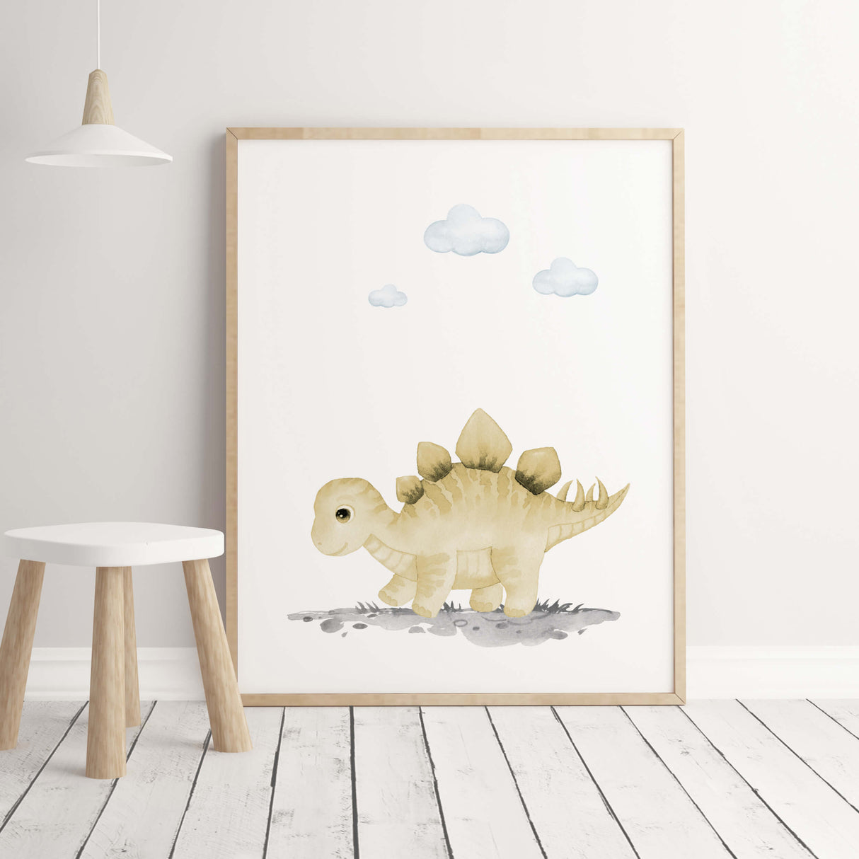 Watercolor yellow dinosaur print for boys room wall decor.