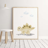 Watercolor yellow dinosaur print for boys room wall decor.