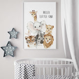 Watercolor safari animals print with hello little one quote in brown, gray colors for gender neutral nursery decor, toddler room decor, boys room decor, girls room decor, boho nursery decor, animals: giraffe, elephant, lion, zebra, tiger, bird.