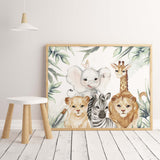 Safari Animals Nursery Print with Leaves - Horizontal