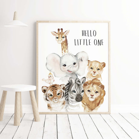 Watercolor safari animals poster with hello little one quote in brown, gray colors for gender neutral nursery decor, toddler room decor, boys room decor, boho nursery decor girls room decor, boho nursery decor, animals: giraffe, elephant, lion, zebra, tiger, bird.