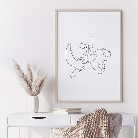 Couple kisses line art for black and white minimalist home decor, bedroom, living room decor, elegant home decor.